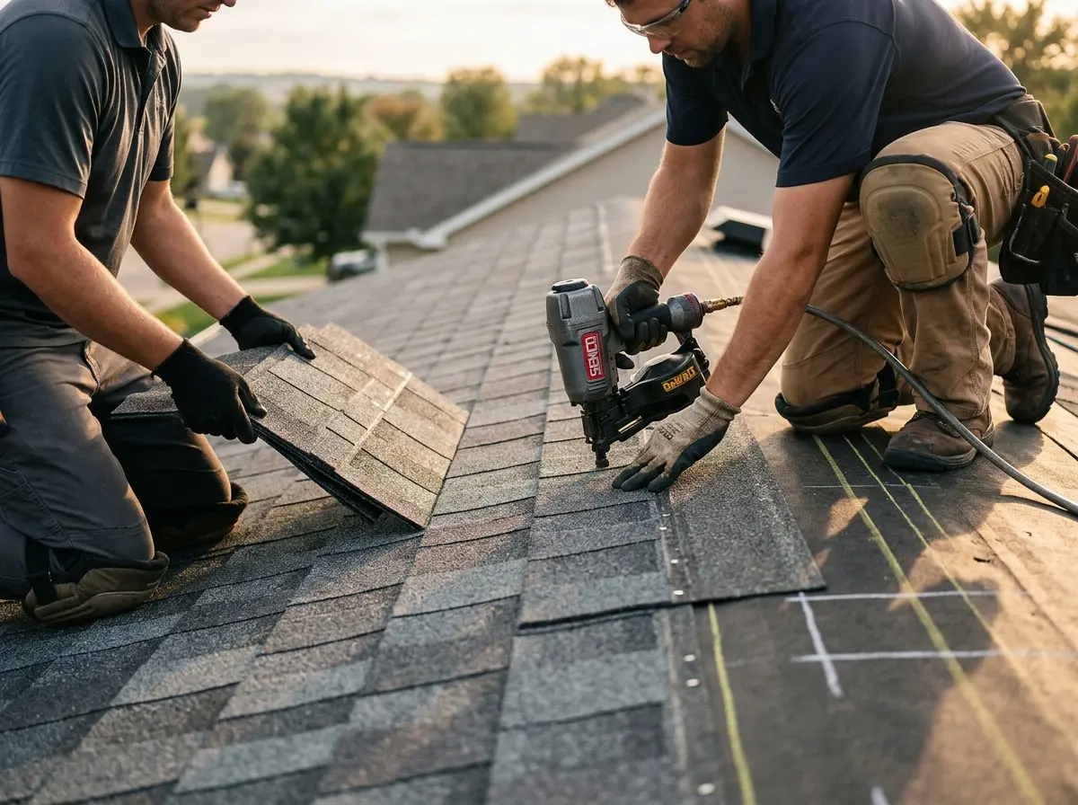 Professional roofer working on a residential roof in Allamuchy